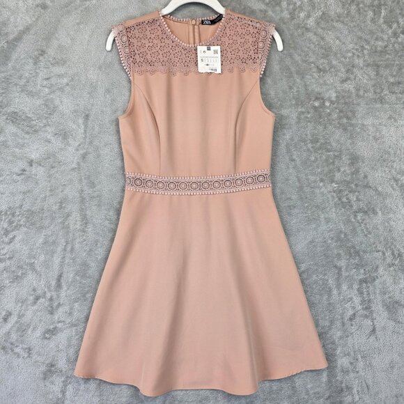 Zara Dress Womens Small Pink Sleeveless Lace Detail Fit And Flare Party NWT - Picture 1 of 10